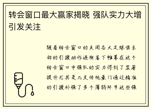转会窗口最大赢家揭晓 强队实力大增引发关注 转会窗口最大赢家揭晓 强队实力大增引发关注